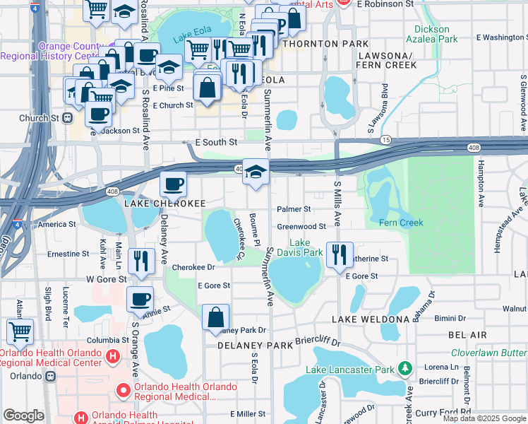 map of restaurants, bars, coffee shops, grocery stores, and more near 610 Palmer Street in Orlando