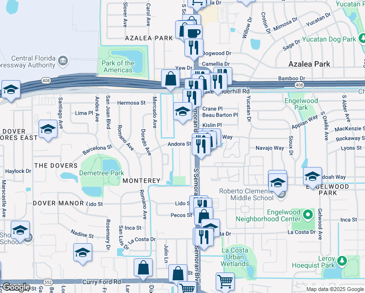 map of restaurants, bars, coffee shops, grocery stores, and more near 701 Thalia Drive in Orlando