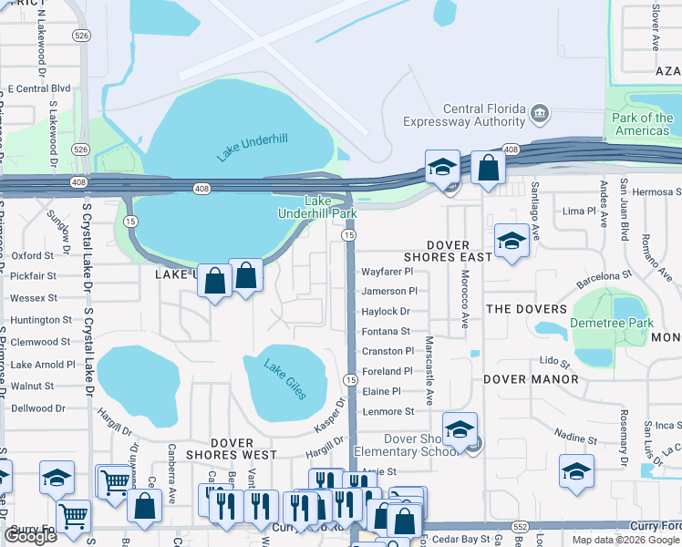 map of restaurants, bars, coffee shops, grocery stores, and more near 608 South Conway Road in Orlando