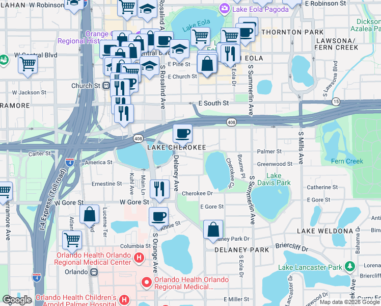 map of restaurants, bars, coffee shops, grocery stores, and more near 331 Ponce De Leon Place in Orlando