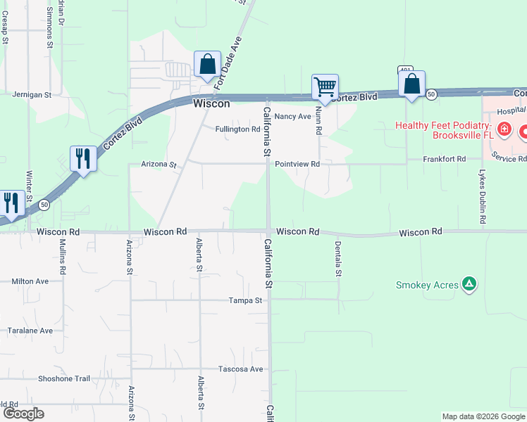 map of restaurants, bars, coffee shops, grocery stores, and more near 7229 California Street in Brooksville