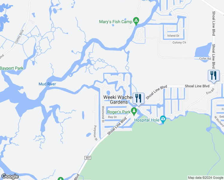 map of restaurants, bars, coffee shops, grocery stores, and more near 5269 Tuscawilla Drive in Weeki Wachee