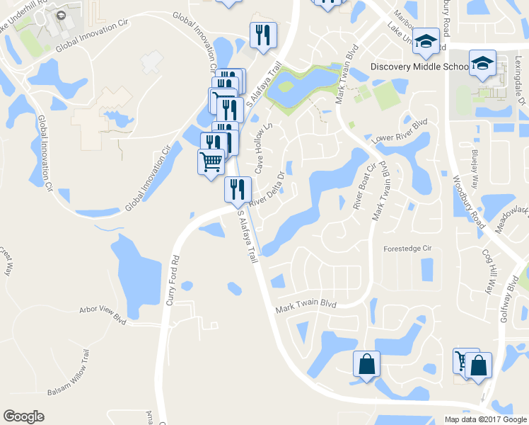 map of restaurants, bars, coffee shops, grocery stores, and more near 12202 Shady Spring Way in Orlando