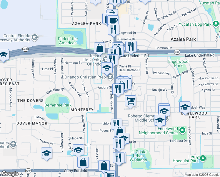 map of restaurants, bars, coffee shops, grocery stores, and more near 707 Thalia Drive in Orlando