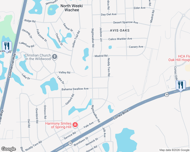 map of restaurants, bars, coffee shops, grocery stores, and more near 10236 Caracara Avenue in Spring Hill