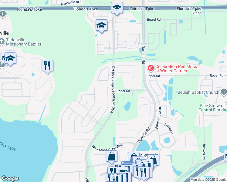 map of restaurants, bars, coffee shops, grocery stores, and more near 799 Roper Road in Winter Garden