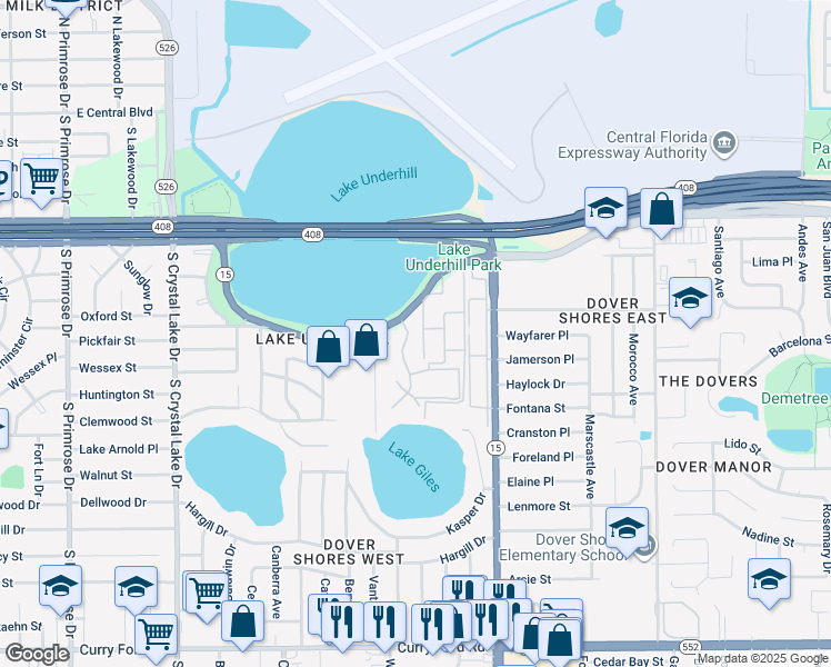 map of restaurants, bars, coffee shops, grocery stores, and more near 4004 Lake Underhill Road in Orlando