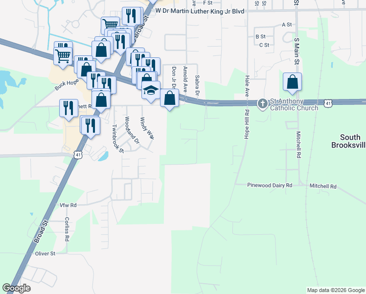 map of restaurants, bars, coffee shops, grocery stores, and more near 7417 Ray Browning Road in Brooksville