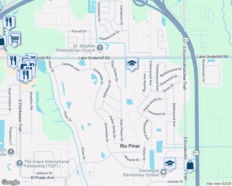 map of restaurants, bars, coffee shops, grocery stores, and more near 8657 El Portal Court in Orlando