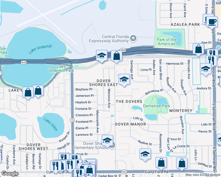 map of restaurants, bars, coffee shops, grocery stores, and more near 621 Morocco Avenue in Orlando