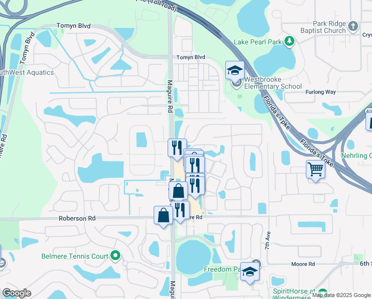 map of restaurants, bars, coffee shops, grocery stores, and more near 2415 Treasure Landing Parkway in Ocoee