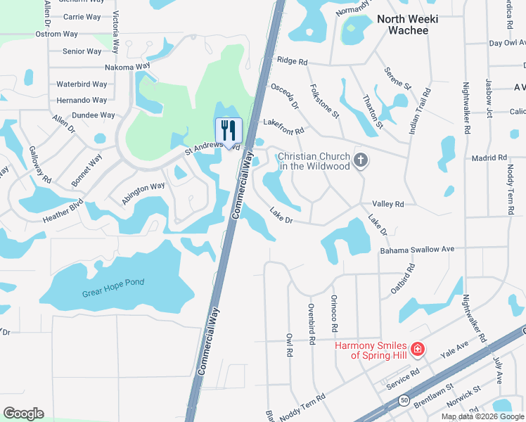 map of restaurants, bars, coffee shops, grocery stores, and more near 9780 Lake Drive in Weeki Wachee