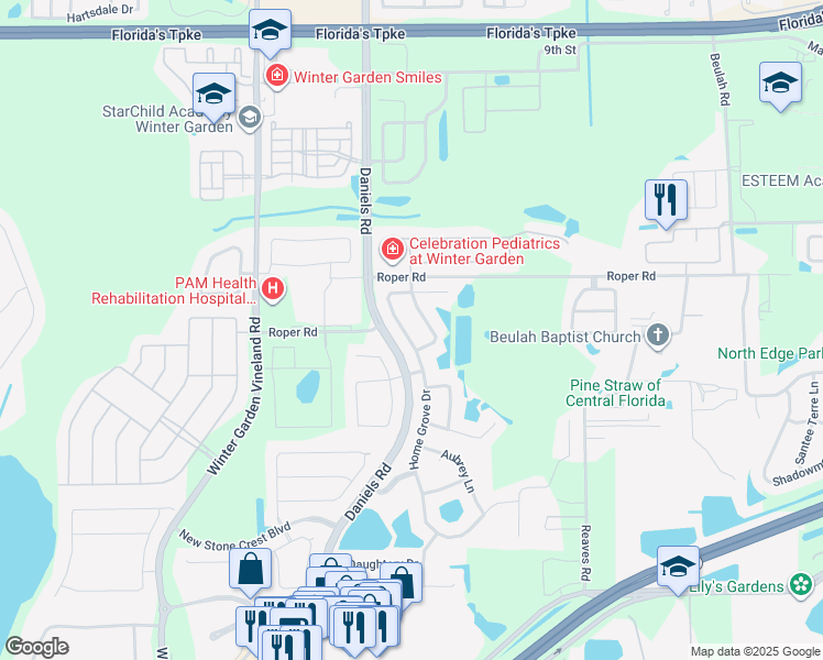 map of restaurants, bars, coffee shops, grocery stores, and more near 625 Home Grove Drive in Winter Garden