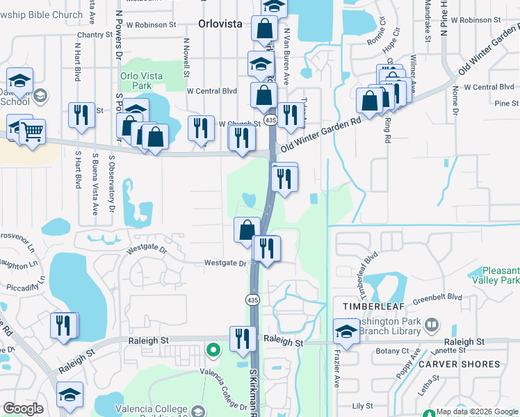 map of restaurants, bars, coffee shops, grocery stores, and more near 442 South Kirkman Road in Orlando