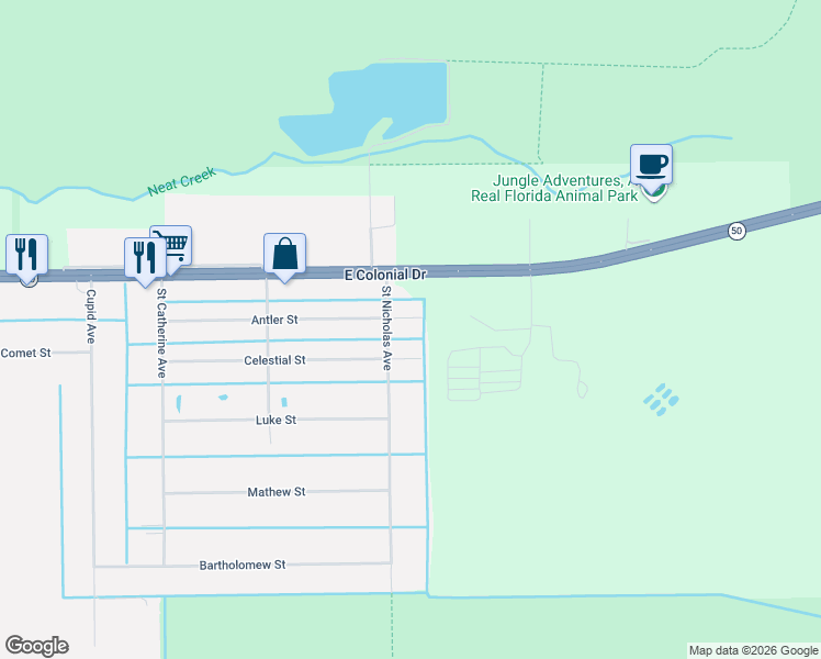 map of restaurants, bars, coffee shops, grocery stores, and more near 25539 Celestial Street in Christmas
