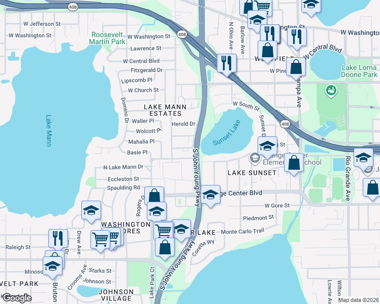 map of restaurants, bars, coffee shops, grocery stores, and more near in Orlando