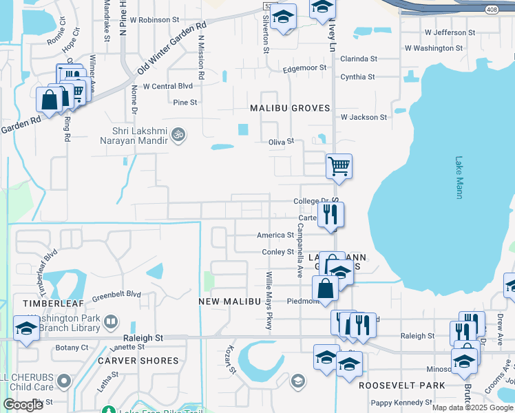 map of restaurants, bars, coffee shops, grocery stores, and more near 4629 Carter Street in Orlando