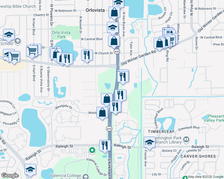 map of restaurants, bars, coffee shops, grocery stores, and more near 442 South Kirkman Road in Orlando