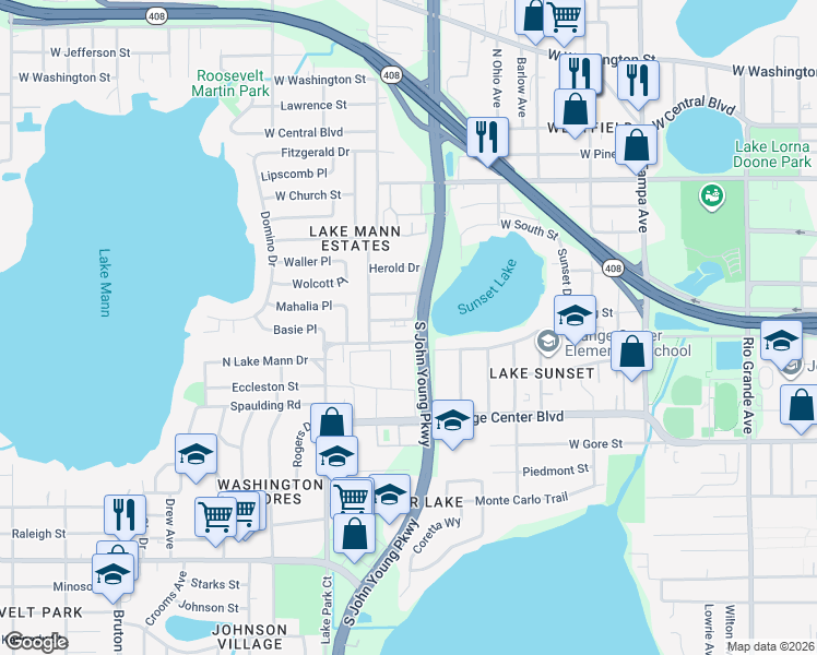 map of restaurants, bars, coffee shops, grocery stores, and more near in Orlando
