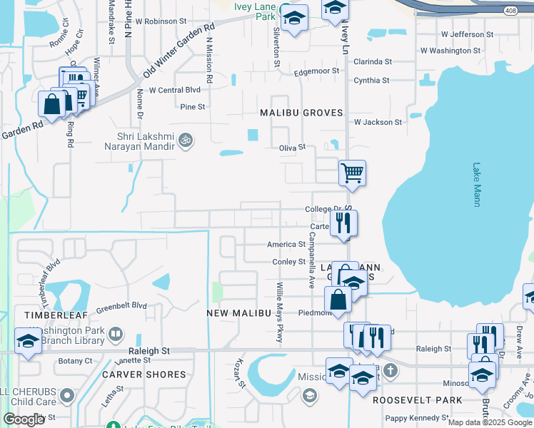 map of restaurants, bars, coffee shops, grocery stores, and more near 4629 Carter Street in Orlando