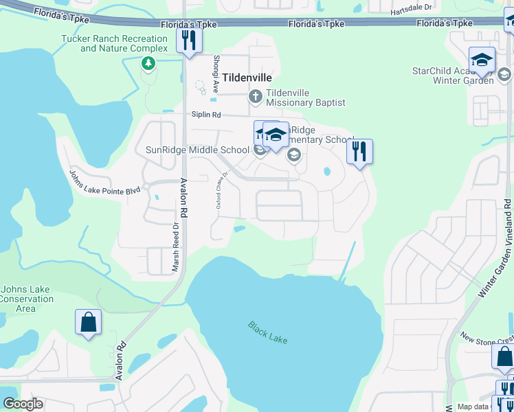 map of restaurants, bars, coffee shops, grocery stores, and more near 14591 Black Lake Preserve Street in Winter Garden