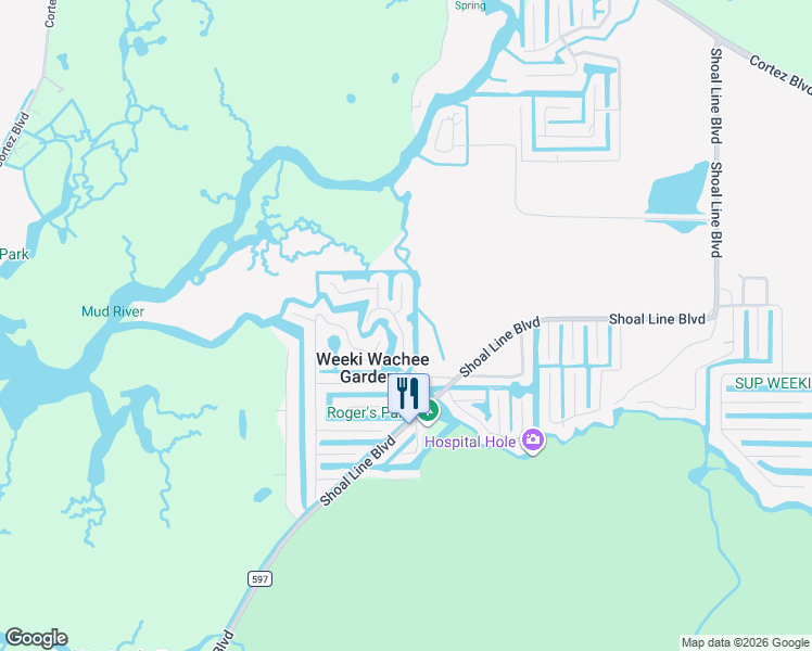 map of restaurants, bars, coffee shops, grocery stores, and more near 7258 Tropical Drive in Spring Hill