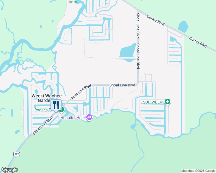 map of restaurants, bars, coffee shops, grocery stores, and more near 6271 Waverly Road in Spring Hill