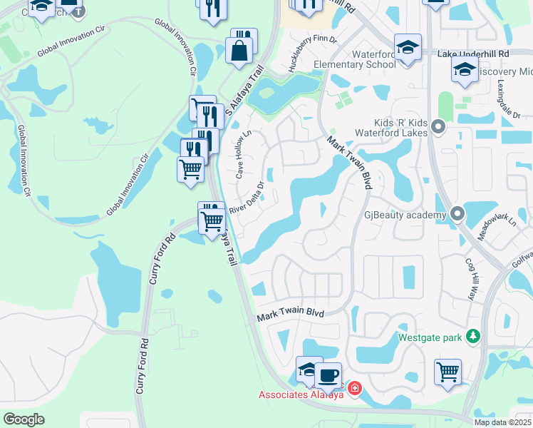map of restaurants, bars, coffee shops, grocery stores, and more near 12266 Shady Spring Way in Orlando