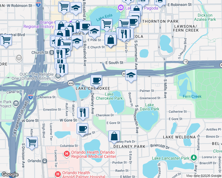 map of restaurants, bars, coffee shops, grocery stores, and more near 555 Lake Avenue in Orlando