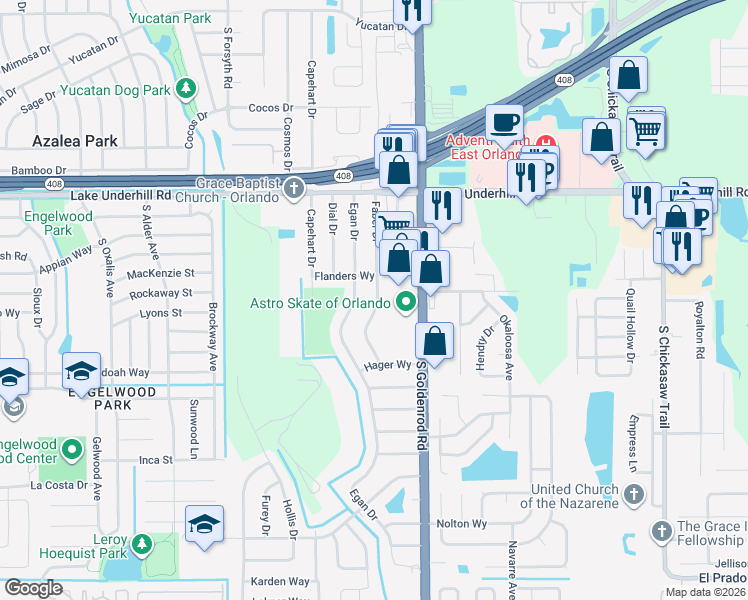 map of restaurants, bars, coffee shops, grocery stores, and more near 812 Faber Drive in Orlando