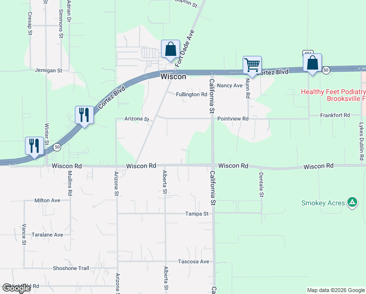 map of restaurants, bars, coffee shops, grocery stores, and more near 16173 Wiscon Road in Brooksville