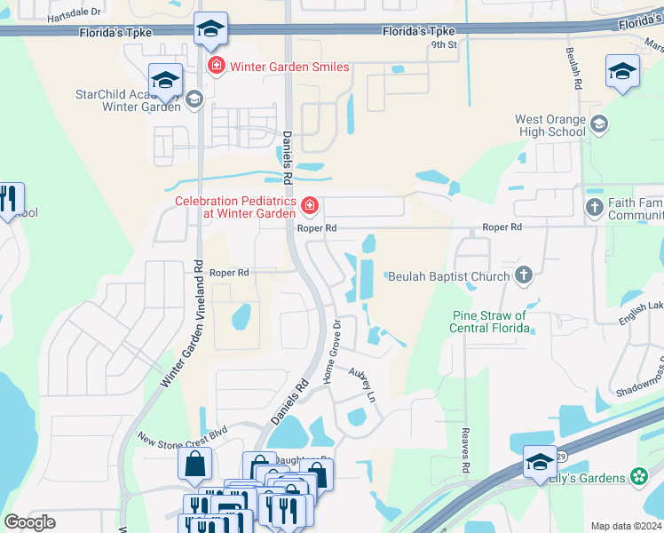 map of restaurants, bars, coffee shops, grocery stores, and more near 608 Groves End Lane in Winter Garden