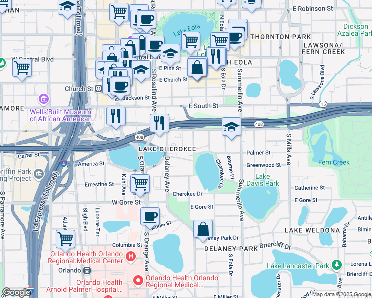 map of restaurants, bars, coffee shops, grocery stores, and more near 541 Margaret Court in Orlando