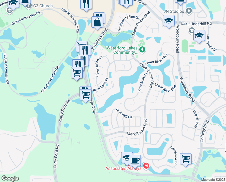 map of restaurants, bars, coffee shops, grocery stores, and more near 12266 Shady Spring Way in Orlando