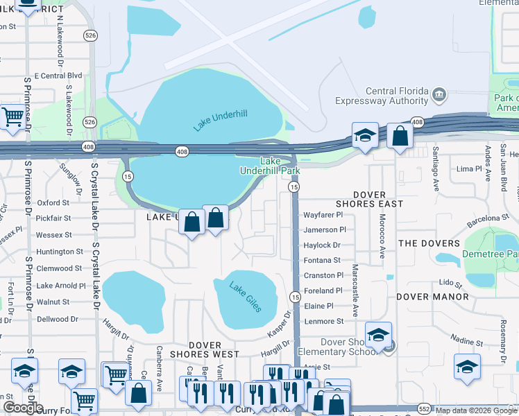 map of restaurants, bars, coffee shops, grocery stores, and more near 4260 Lake Underhill Road in Orlando