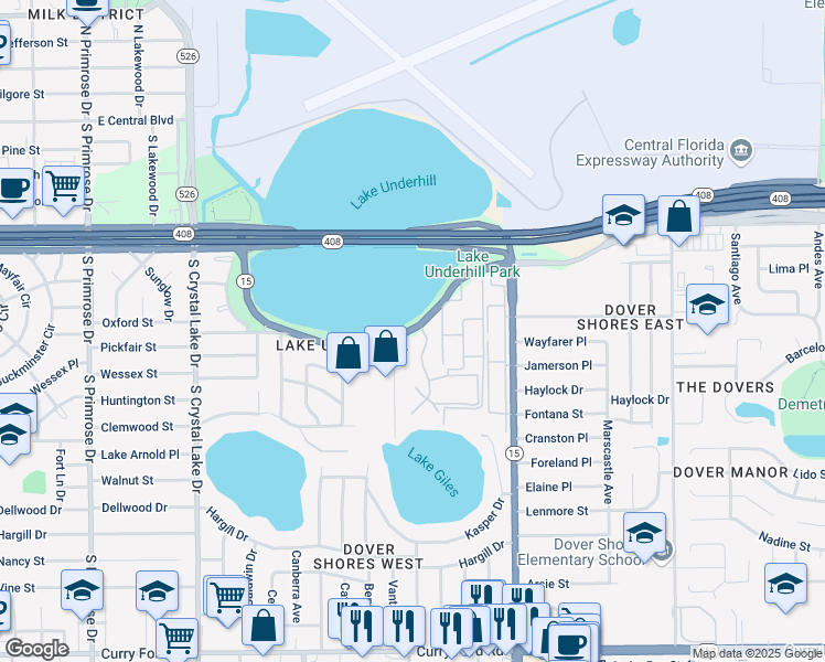 map of restaurants, bars, coffee shops, grocery stores, and more near 4008 Lake Underhill Road in Orlando
