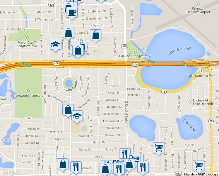 map of restaurants, bars, coffee shops, grocery stores, and more near 2900 Pickfair Street in Orlando