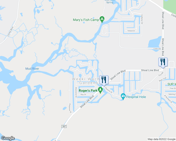 map of restaurants, bars, coffee shops, grocery stores, and more near 5276 Tuna Lane in Weeki Wachee