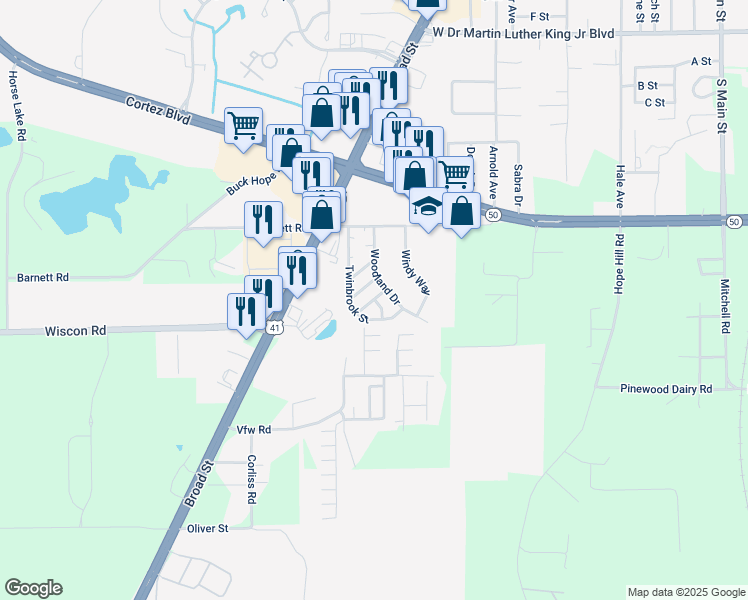 map of restaurants, bars, coffee shops, grocery stores, and more near 14212 E Street in Brooksville