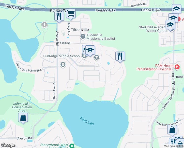 map of restaurants, bars, coffee shops, grocery stores, and more near 14469 Breakwater Way in Winter Garden