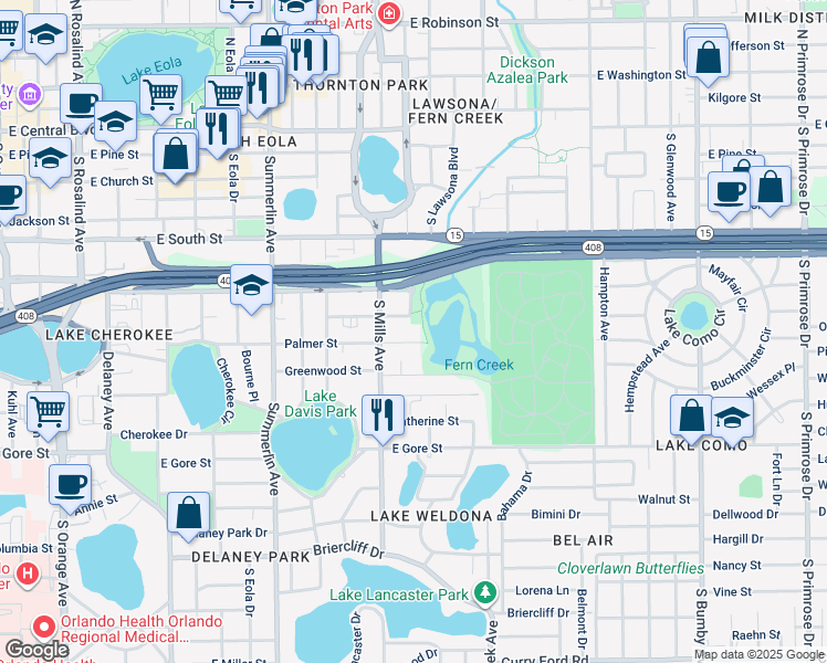 map of restaurants, bars, coffee shops, grocery stores, and more near 1223 Elmwood Street in Orlando