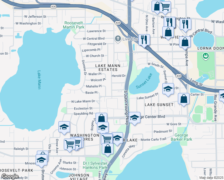 map of restaurants, bars, coffee shops, grocery stores, and more near 3020 Joe Louis Drive in Orlando