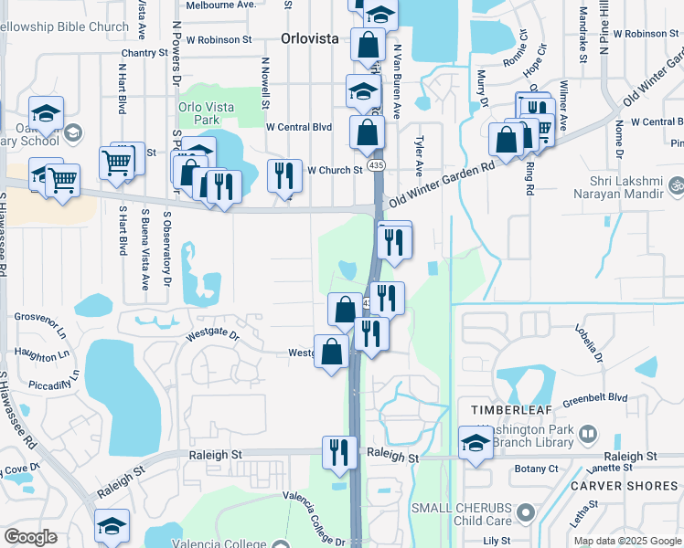 map of restaurants, bars, coffee shops, grocery stores, and more near 341 S Hudson St in Orlando