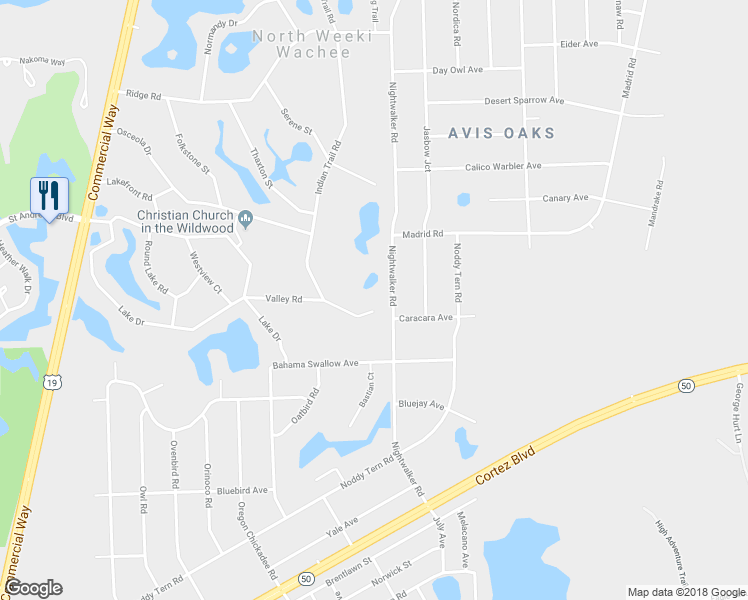 map of restaurants, bars, coffee shops, grocery stores, and more near 7692 Indian Trail Road in Weeki Wachee