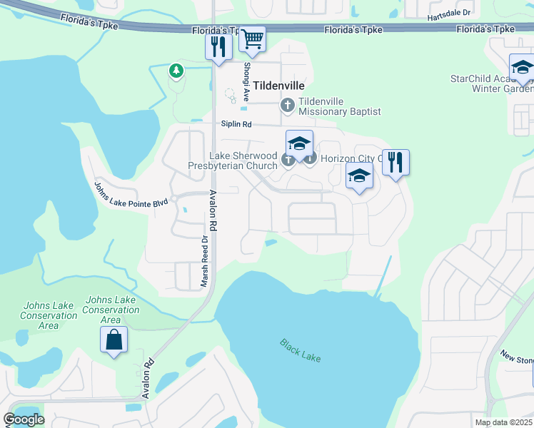 map of restaurants, bars, coffee shops, grocery stores, and more near 14801 Ellingsworth Lane in Winter Garden