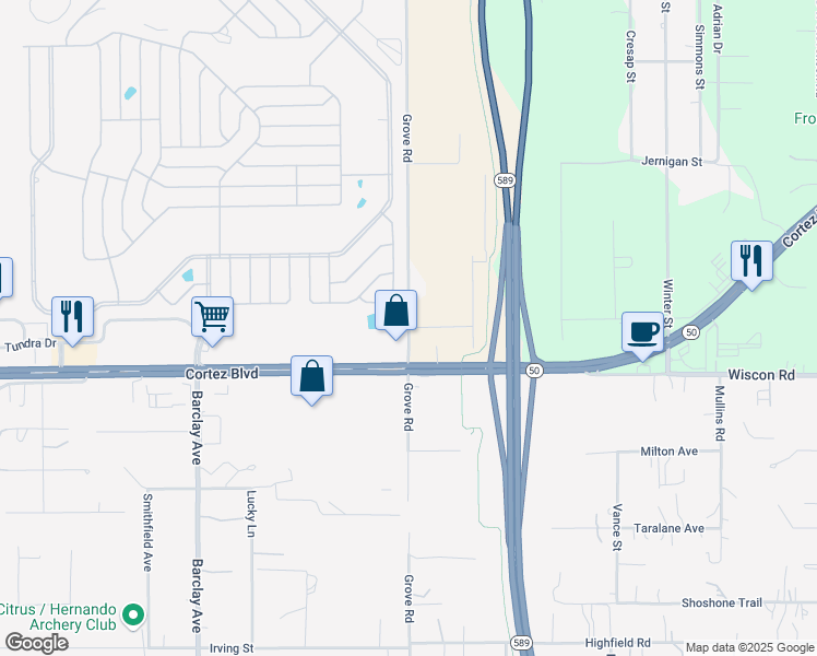 map of restaurants, bars, coffee shops, grocery stores, and more near Oakado Street in Hernando County
