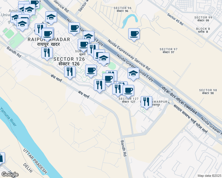 map of restaurants, bars, coffee shops, grocery stores, and more near in Noida