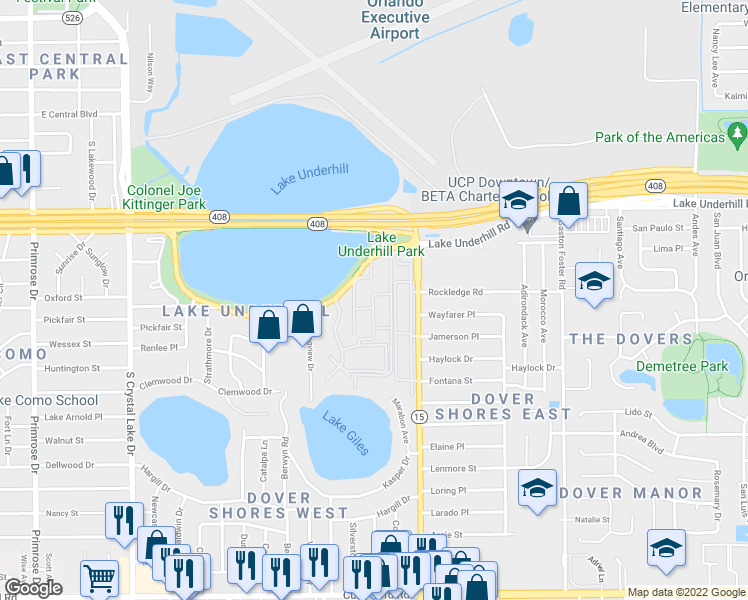 map of restaurants, bars, coffee shops, grocery stores, and more near 4306 Lake Underhill Road in Orlando