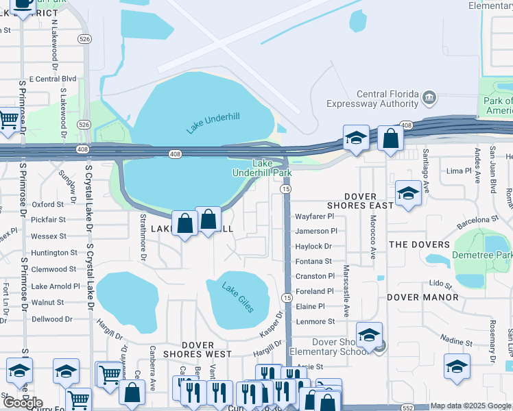 map of restaurants, bars, coffee shops, grocery stores, and more near 4306 Lake Underhill Road in Orlando