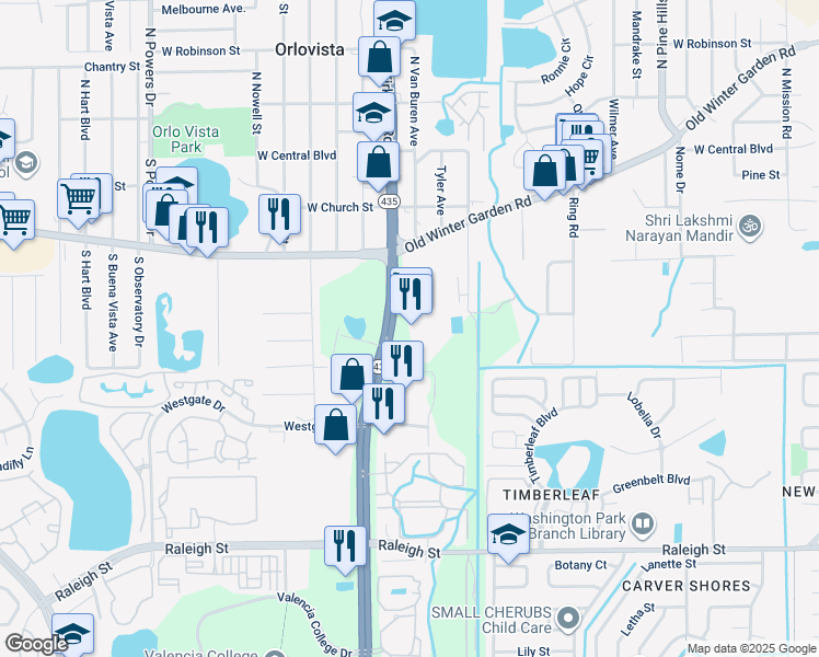 map of restaurants, bars, coffee shops, grocery stores, and more near in Orlando